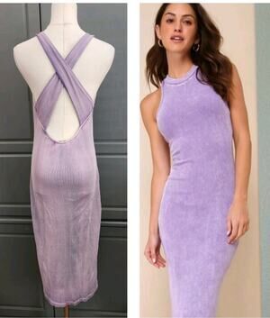 Young Fabulous & Broke YFB Mineral Wash Lavender Ribbed Halter Midi Dress Size S